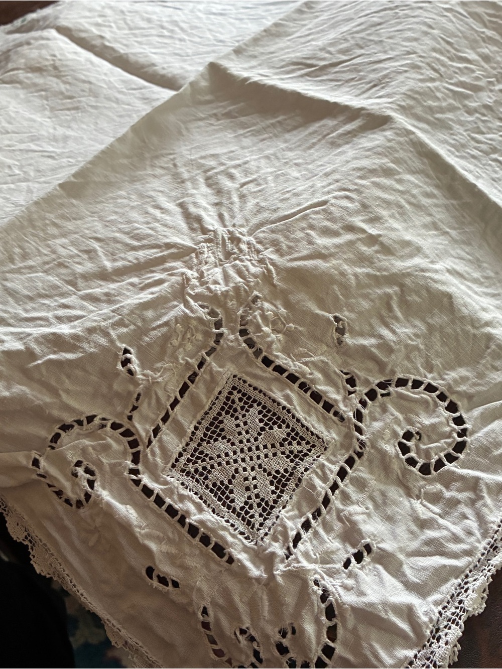 Two sets of Antique white linen and lace napkins.